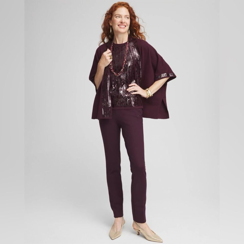 Chico's Sequin Open Front Cardigan S/M
Purple Placket Ruana Short Sleeves Bogo